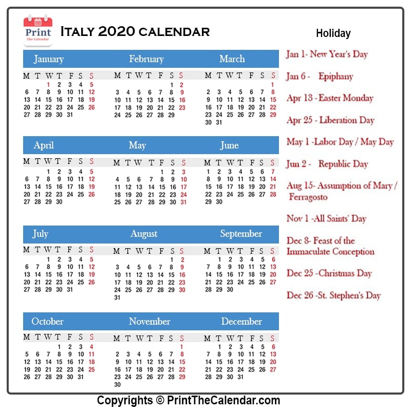 Italy Holidays 2020 [2020 Calendar with Italy Holidays]